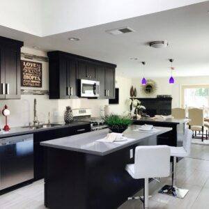 Sleek open-plan kitchen with modern decor, featuring stainless appliances and bar seating.
