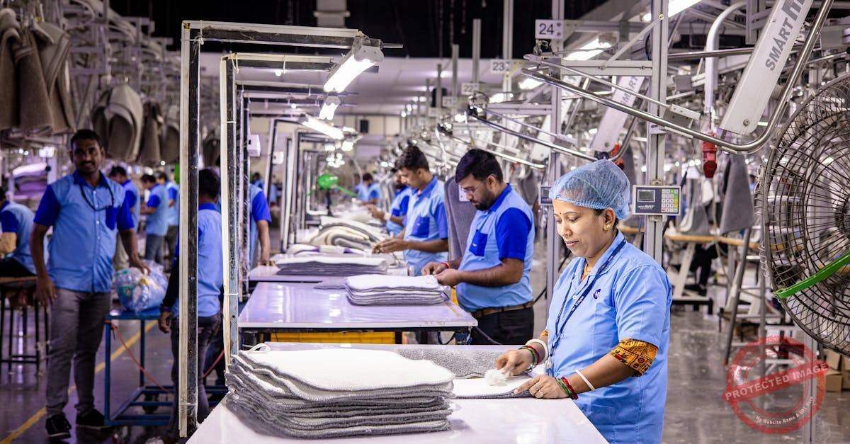 Blue-collar staff in a textile factory focusing on garment production and quality control.